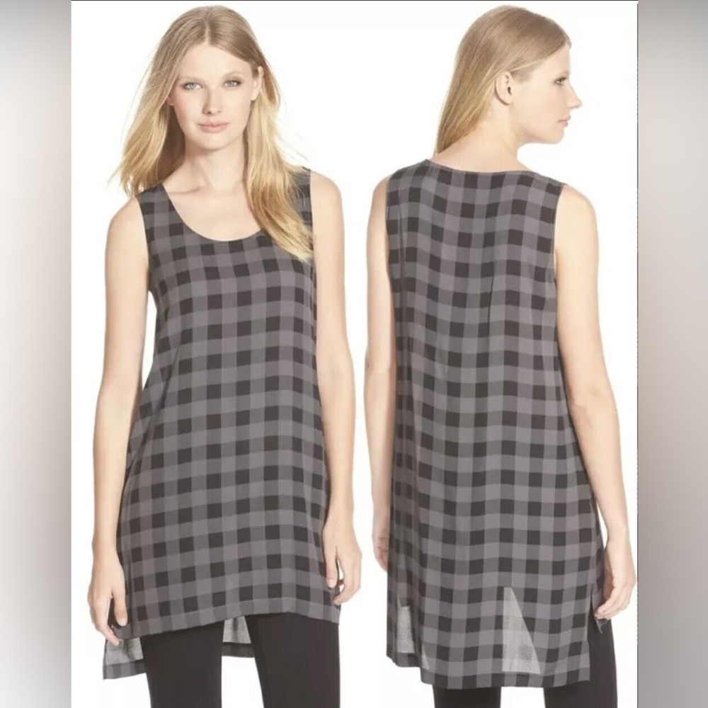 EILEEN FISHER Silk Buffalo Check Printed Tunic Dress Sleeveless Black Grey Small
